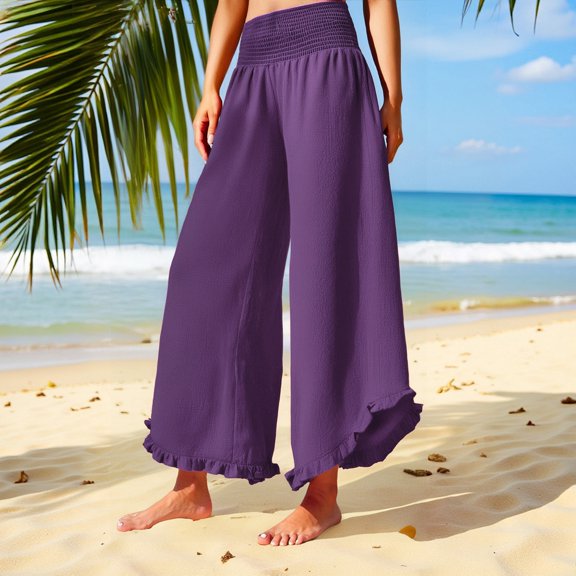 IDALL Linen Pants Women Wide Leg Pants Woman Women Solid Color Fashionable Casual High Waisted Pleated Irregular Cotton Linen Loose Pants Beach Pants Baggy Pants Purple L