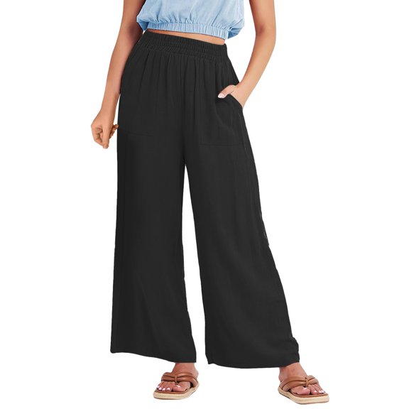 IDALL Linen Pants Women Wide Leg Pants Woman Women Solid Color Fashionable Casual Pocket Cotton Linen Wide Leg Pants Lounge Pants Women Summer Pants Black S