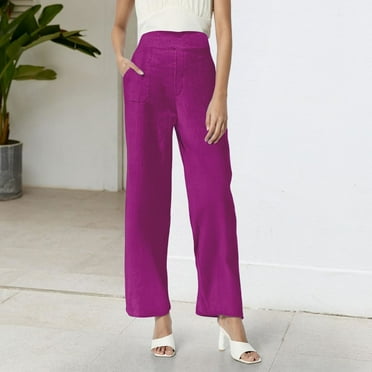 IDALL Linen Pants Women Wide Leg Pants Woman Women Solid Color Pocket Semi Elastic High Waisted Cotton Pants Wide Leg Pants Baleaf Pants Women Baggy Pants Hot Pink S