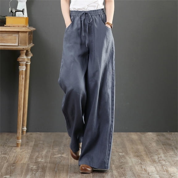IDALL Linen Pants Women Wide Leg Pants Woman Women Summer High Waisted Cotton Palazzo Pants Wide Leg Long Pant Trousers With Pocket Beach Pants Plus Size Pants Gray M