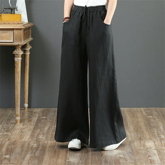 IDALL Linen Pants Women Wide Leg Pants Woman Women Summer High Waisted Cotton Palazzo Pants Wide Leg Long Pant Trousers With Pocket Beach Pants Plus Size Pants Black M