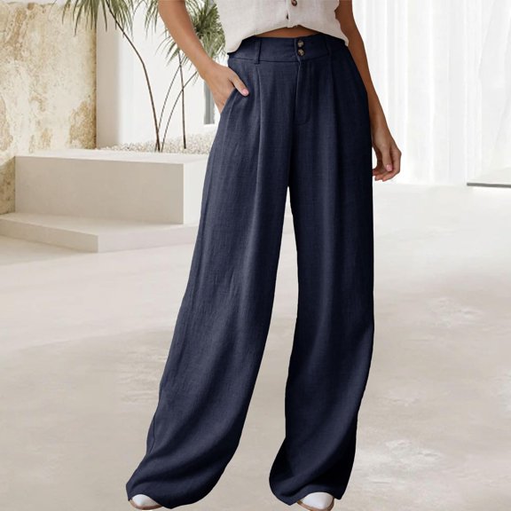 IDALL Linen Pants Women Wide Leg Pants Woman Womens Casual Loose Wide Leg Pants For Women Elastic Waist Palazzo Pants Trousers With Pockets Lounge Pants Women Baggy Pants Navy S