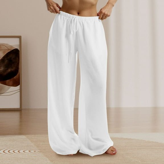 IDALL Linen Pants Women Wide Leg Pants Woman Womens Daily Elastic Waist Pockets Straight Solid Color Casual Pants Loose Long Trousers Lounge Pants Women Summer Pants White M