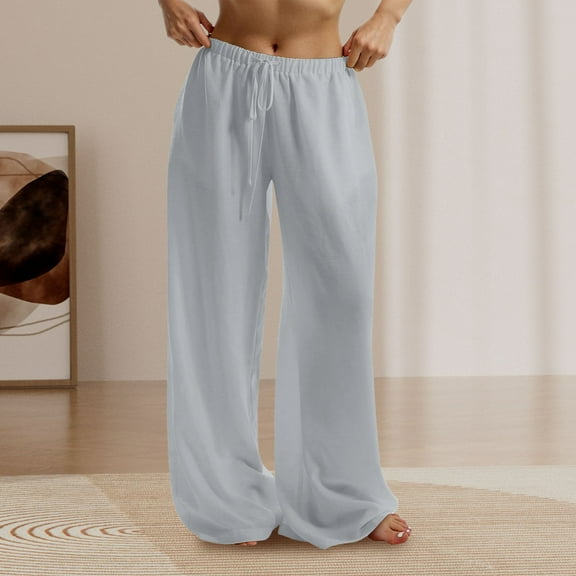 IDALL Linen Pants Women Wide Leg Pants Woman Womens Daily Elastic Waist Pockets Straight Solid Color Casual Pants Loose Long Trousers Lounge Pants Women Summer Pants Gray L