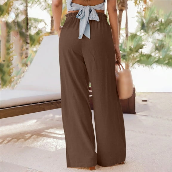 IDALL Linen Pants Women Wide Leg Pants Woman Womens Wide Leg Palazzo Pants High Waisted Lounge Pant Smocked Pleated Loose Fit Casual Trousers Lounge Pants Women Baggy Pants Brown XL
