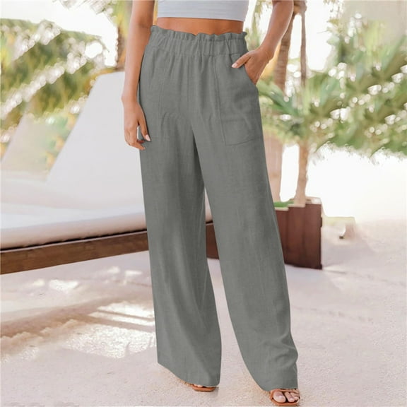 IDALL Linen Pants Women Wide Leg Pants Woman Womens Wide Leg Palazzo Pants High Waisted Lounge Pant Smocked Pleated Loose Fit Casual Trousers Lounge Pants Women Baggy Pants Gray S