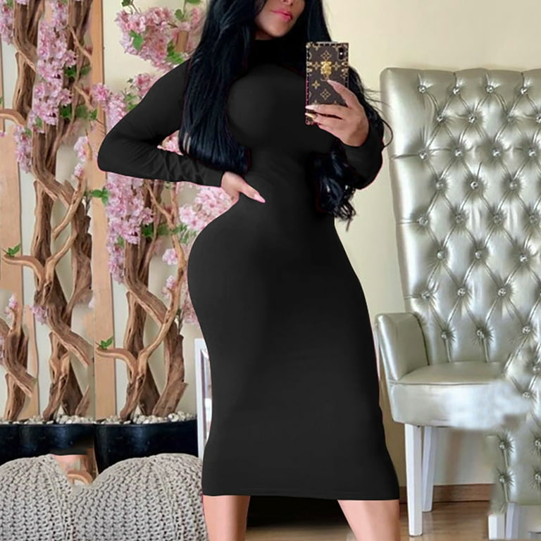 Autumn And Winter Pure Color Round Collar Long Sleeve Split Bodycon Dress Autumn And Winter Pure Color Round Collar Long Sleeve Split Bodycon Dress