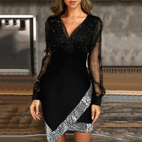 IDALL Long Sleeve Dress,Petite Dresses Women's Solid Color Sequins Long Sleeve A-Line Party Dress Sequin Dress,Womens Dresses,Casual Dresses for Women Black Dress L
