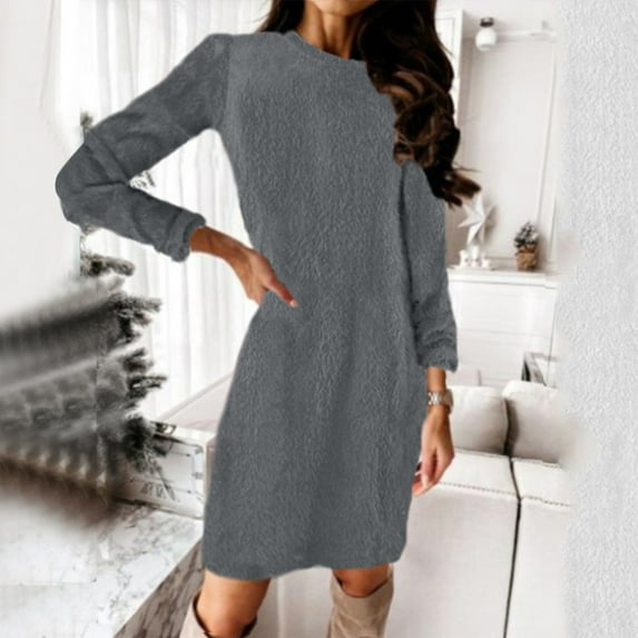 IDALL Long Sleeve Dress,Petite Dresses Women's Sweater Jumper Dress Short Mini Dress Long Sleeve Solid Color Patchwork Elegant Dresses,Womens Dresses,Casual Dresses for Women Gray Dress 2XL