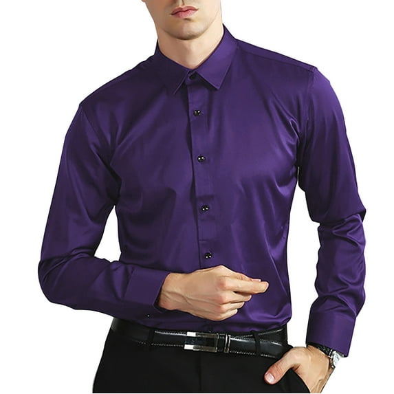 IDALL Long Sleeve Shirts for Men Dress Shirts for Men Mens Shirts Non Ironing Elastic Long Sleeved Shirt Long Sleeved Lapel Button Shirt Shirt Comfort Colors Tshirt Purple 3XL