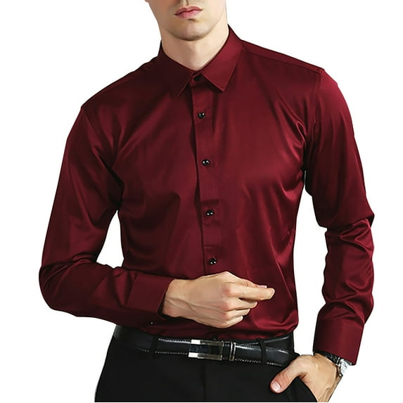 IDALL Long Sleeve Shirts for Men Dress Shirts for Men Mens Shirts Non Ironing Elastic Long Sleeved Shirt Long Sleeved Lapel Button Shirt Shirt Comfort Colors Tshirt Wine 3XL