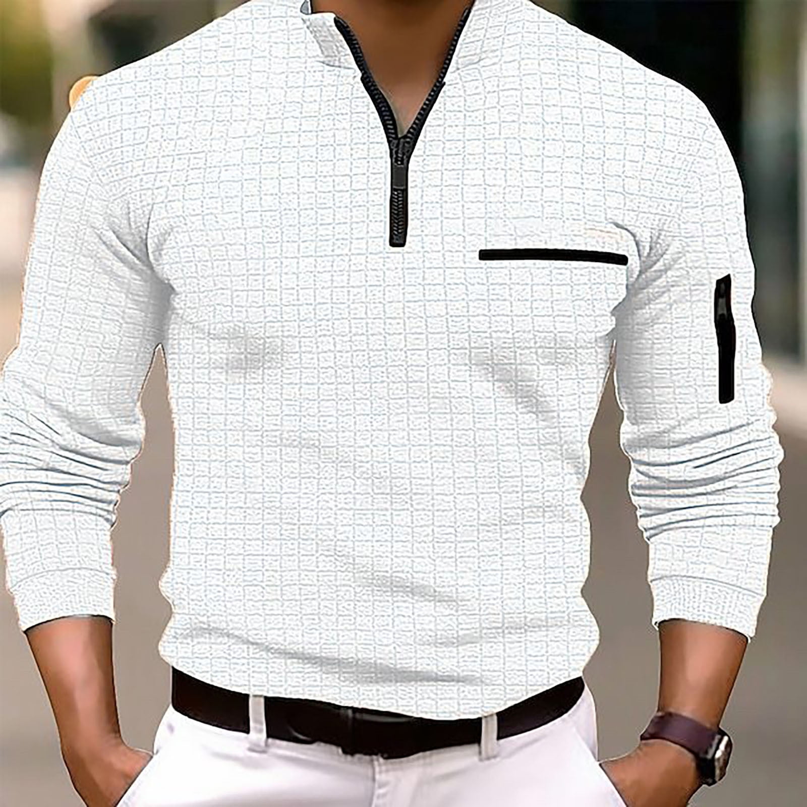 IDALL Long Sleeve Shirts for Men Mens Shirts Going Out Tops Casual Long Sleeve Zipper Solid Color Plaid Long Sleeve T Shirt Tops Mens T Shirts White S