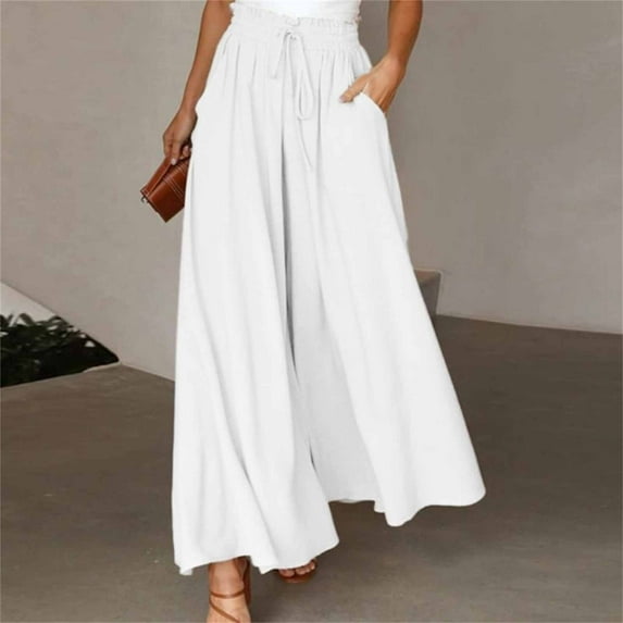 IDALL Lounge Pants Women Wide Leg Pants Woman Womens Casual Wide Leg Pants Flowy Elastic Drawstring Waist Palazzo Pants With Pockets Baggy Pants Women'S Pants White M
