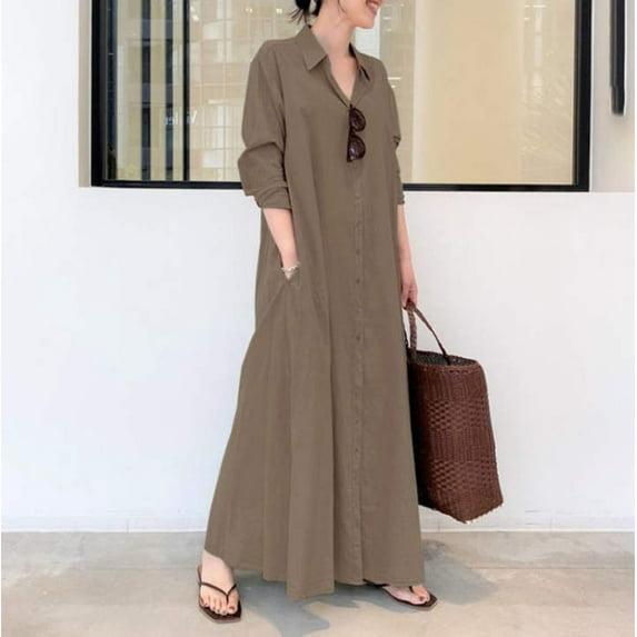 IDALL Maxi Dresses,Casual Dresses Women's Casual Button Down Cotton Linen Long Shirt Dress With Pockets Long Sleeve Dress,Long Dresses,Womens Dresses Coffee Dress 3XL