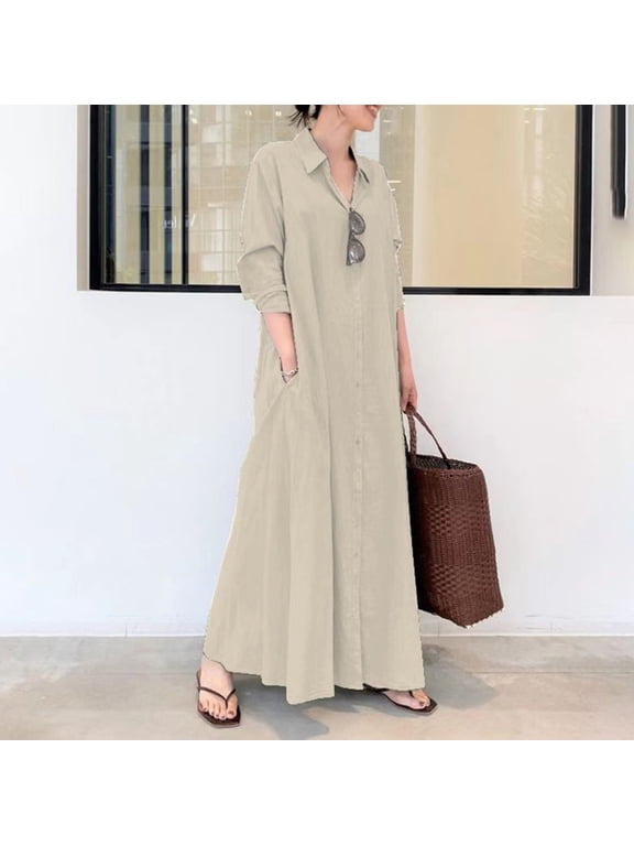 Maxi Dresses,Casual Dresses Women's Casual Button Down Cotton Linen Long Shirt Dress With Pockets Long Sleeve Dress,Long Dresses,Womens Dresses A Dress L