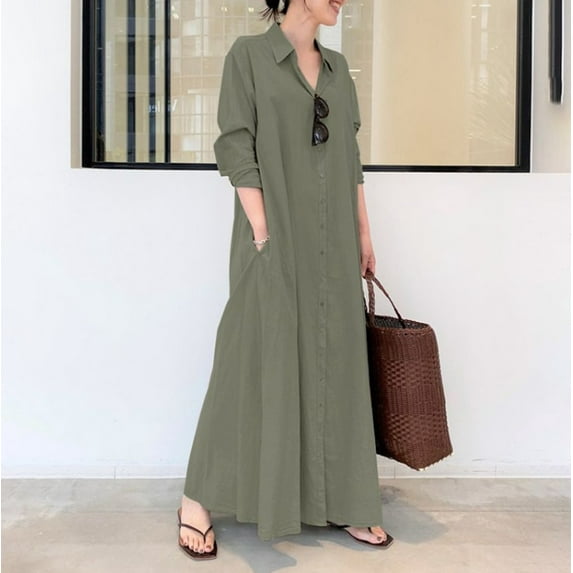 IDALL Maxi Dresses,Casual Dresses Women's Casual Button Down Cotton Linen Long Shirt Dress With Pockets Long Sleeve Dress,Long Dresses,Womens Dresses Green 1 Dress M