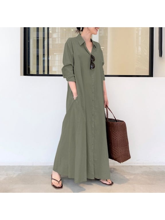 Maxi Dresses,Casual Dresses Women's Casual Button Down Cotton Linen Long Shirt Dress With Pockets Long Sleeve Dress,Long Dresses,Womens Dresses Green 1 Dress S