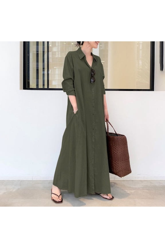 Maxi Dresses,Casual Dresses Women's Casual Button Down Cotton Linen Long Shirt Dress With Pockets Long Sleeve Dress,Long Dresses,Womens Dresses Green 2 Dress 5XL