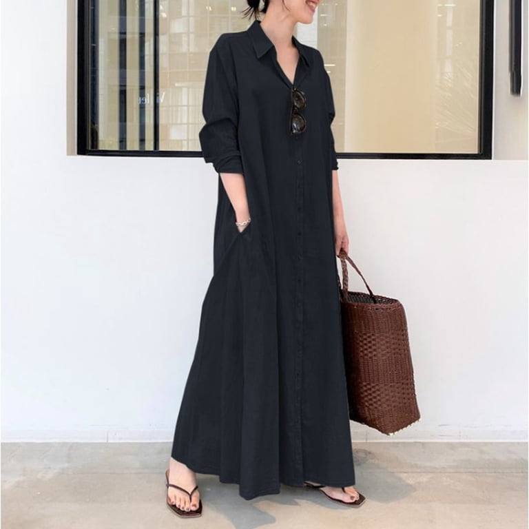 IDALL Maxi Dresses,Casual Dresses Women's Casual Button Down Cotton Linen Long  Shirt Dress With Pockets Long Sleeve Dress,Long Dresses,Womens Dresses Navy  Dress L - Walmart.com