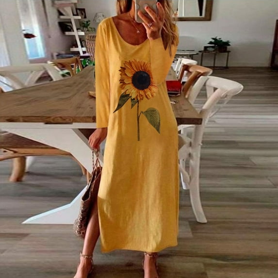 IDALL Maxi Dresses,Casual Dresses Women's Casual Sunflower Print Long Sleeves Ruffle Dress Print Boho Sundress Long Sleeve Dress,Long Dresses,Hawaiian Dresses Yellow Dress 2XL