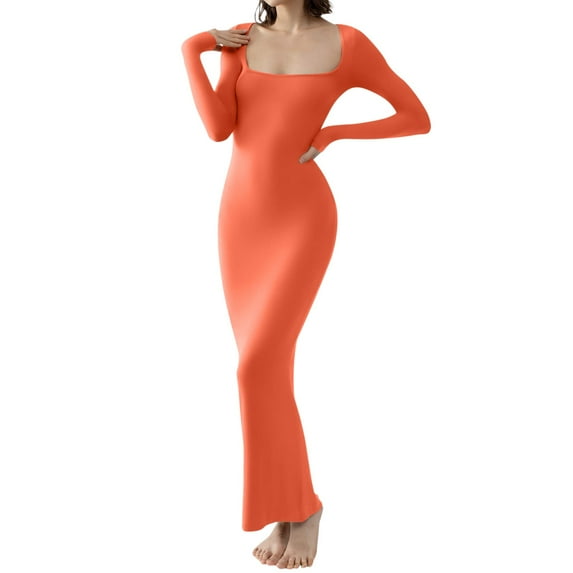 IDALL Maxi Dresses,Casual Dresses Women's Square Neck Long Sleeve Maxi Dress Soft Ribbed Bodycon Dresses For Women Long Sleeve Dress,Long Dresses,Bodycon Dresses Orange Dress 2XL