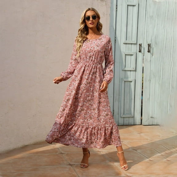 IDALL Maxi Dresses,Casual Dresses Womens Casual Long Sleeve Floral Printed Ruffle Flowy Temperament Long Dress Long Sleeve Dress,Long Dresses,Hawaiian Dresses Pink Dress M