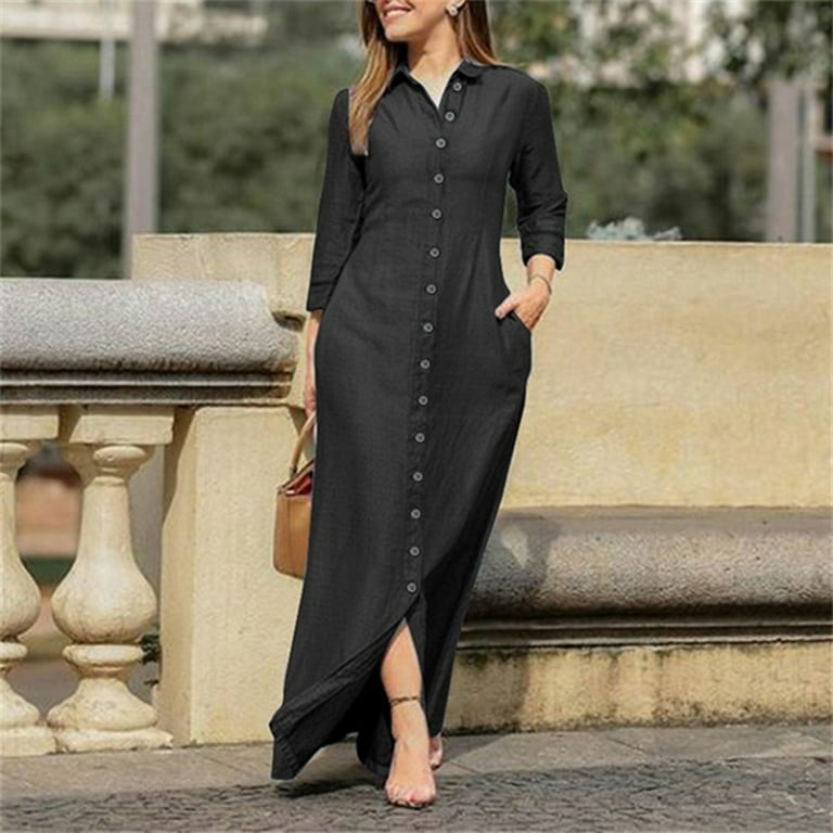 Ladies Dresses Black Denim Dress Long Sleeve IDALL Maxi Dresses