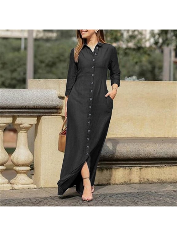 Maxi Dresses,Denim Dress Women Casual Solid Denim Dress V Neck Long Sleeve Button Pocket Loose Long Dress Casual Dresses,Long Sleeve Dress,Long Dresses Black Dress XL