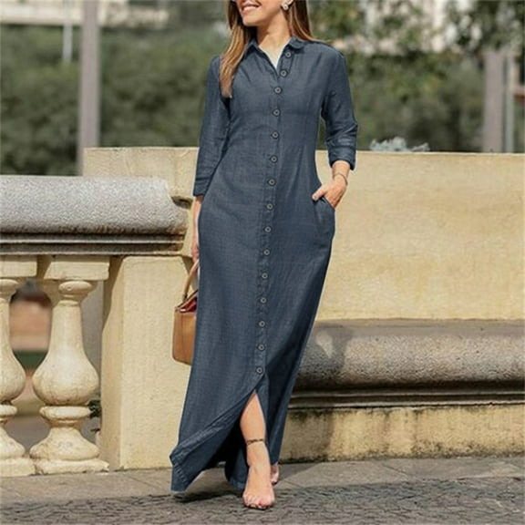 IDALL Maxi Dresses,Denim Dress Women Casual Solid Denim Dress V Neck Long Sleeve Button Pocket Loose Long Dress Casual Dresses,Long Sleeve Dress,Long Dresses Dark Blue Dress L