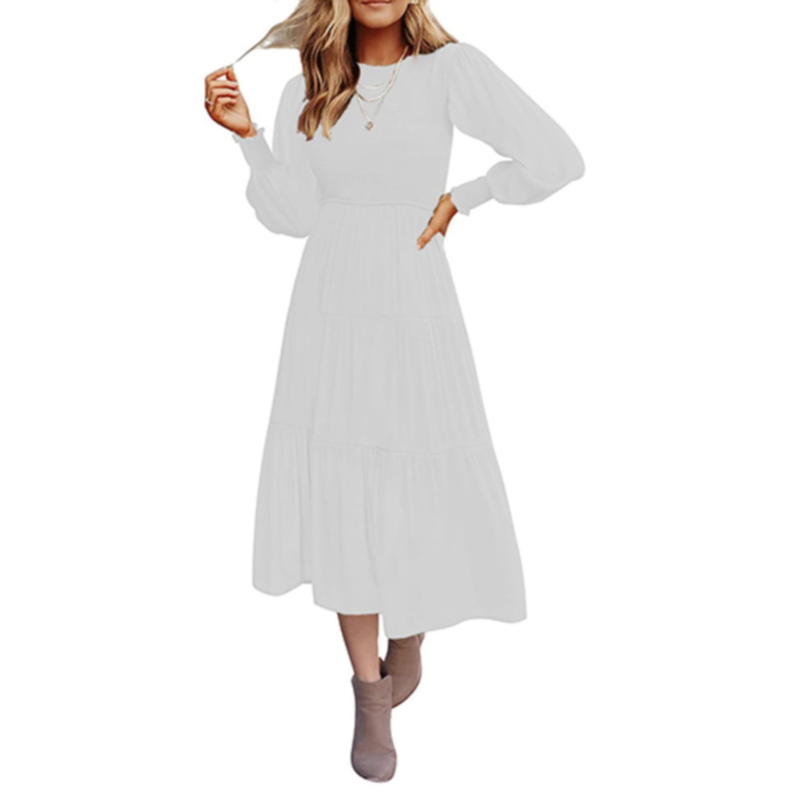 Idall Maxi Dresseslong Sleeve Dress Ladies Round Neck Long Sleeve Solid Color Maxi Dress 0399