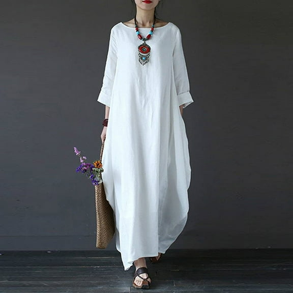 IDALL Maxi Dresses,Long Sleeve Dress Women Plus Size Boho Vest Dress Ladies Summer Beach Floral Maxi Kaftan Dress Long Dresses,Linen Dress,Womens Dresses White Dress 2XL