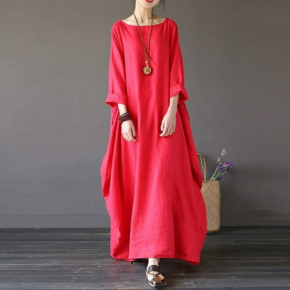 IDALL Maxi Dresses,Long Sleeve Dress Women Plus Size Boho Vest Dress Ladies Summer Beach Floral Maxi Kaftan Dress Long Dresses,Linen Dress,Womens Dresses Red Dress 2XL