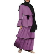 IDALL Maxi Dresses,Long Sleeve Dress Women's Muslim Cake Dress Abaya Islamic Arab Kaftan Dress With Belt Long Dresses,Womens Dresses,Casual Dresses for Women Purple Dress XL