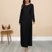 IDALL Maxi Dresses,Long Sleeve Dress Womens Casual Solid Muslim Dress Abaya Islamic Long Sleeve Dress Under Dress Long Dresses,Womens Dresses,Casual Dresses for Women Black Dress L