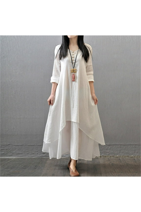 Maxi Dresses,Spring Dresses Women's Spring And Autumn Vacation Two Piece Art Flax Loose Sleeve Dress Long Sleeve Dress,Long Dresses,Flowy Dresses White Dress L
