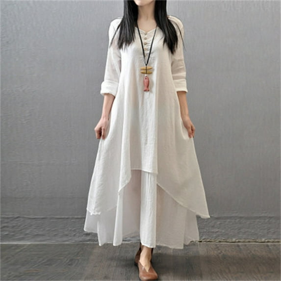 IDALL Maxi Dresses,Spring Dresses Women's Spring And Autumn Vacation Two Piece Art Flax Loose Sleeve Dress Long Sleeve Dress,Long Dresses,Flowy Dresses White Dress L