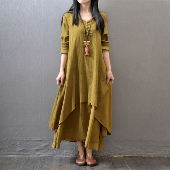 IDALL Maxi Dresses,Spring Dresses Women's Spring And Autumn Vacation Two Piece Art Flax Loose Sleeve Dress Long Sleeve Dress,Long Dresses,Flowy Dresses Yellow Dress M