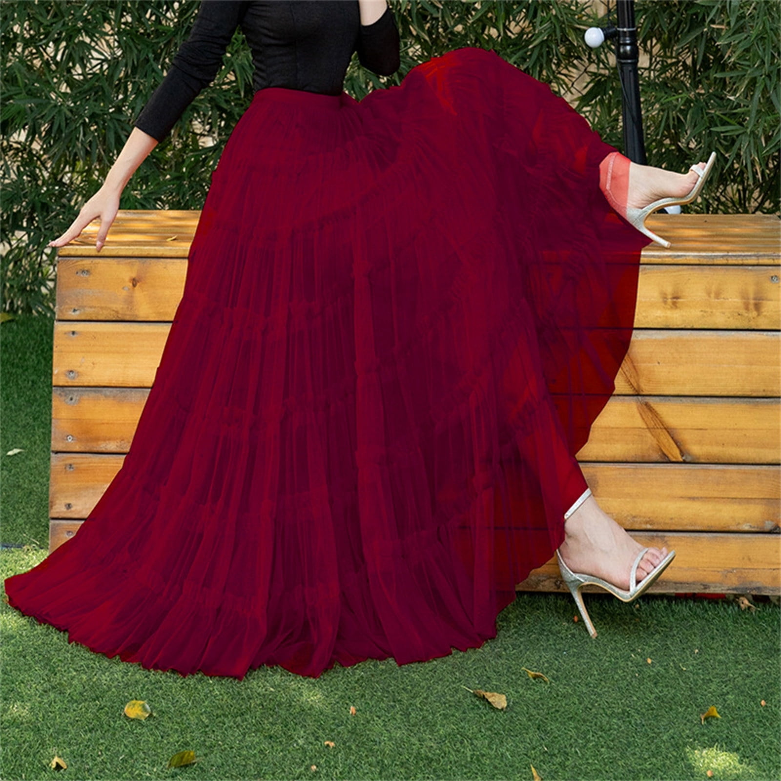 IDALL Maxi Skirt Pleated Skirts Women s Tulle Skirt Ruffle Multilayer Mesh A Line Tier Tutu Prom Wedding Long Tulle Skirts Tulle Skirts Summer Skirts Flowy Skirt Red 2 Dress One Size Walmart