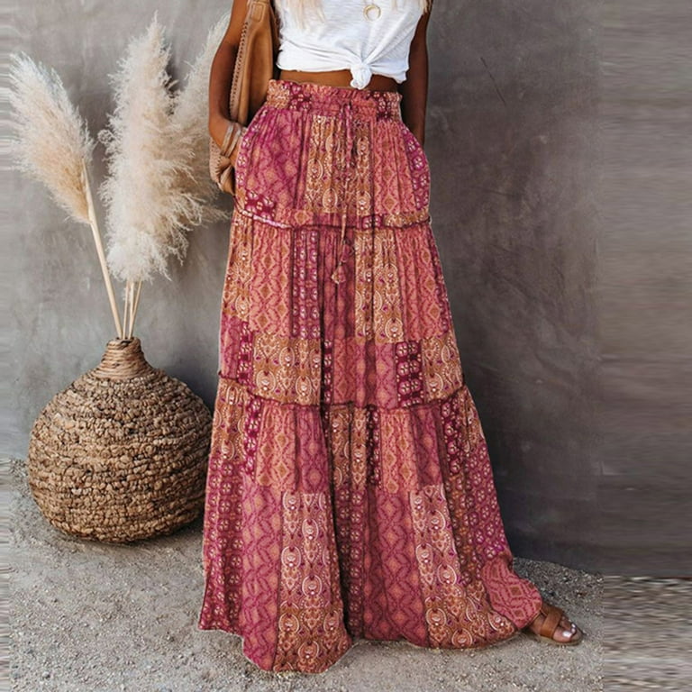 IDALL Maxi Skirt,Pleated Skirts Womens Long Boho Flowers High