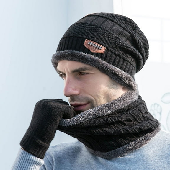 IDALL Mens Hats,Winter Hats Men's Winter Knitted Fleece Windproof Hat Scarf Gloves Three-piece Winter Knitted Hat Men's Warm Hat Ushanka,Trapper Hat Black