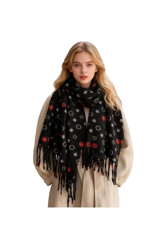 Merino Wool Tartan Knitted Scarf for Men, Plaid Winter Warm Thick Soft Neckwear Black One Size