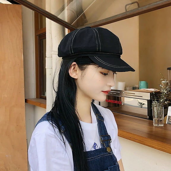 IDALL Newsboy Cap Beret Hats Women's Spring/Summer Korean Edition Versatile Simple British Vintage Bright Line Beret Outdoor Tourist Painter Hat Hat Peaky Blinders Hat Flat Cap Black One Size
