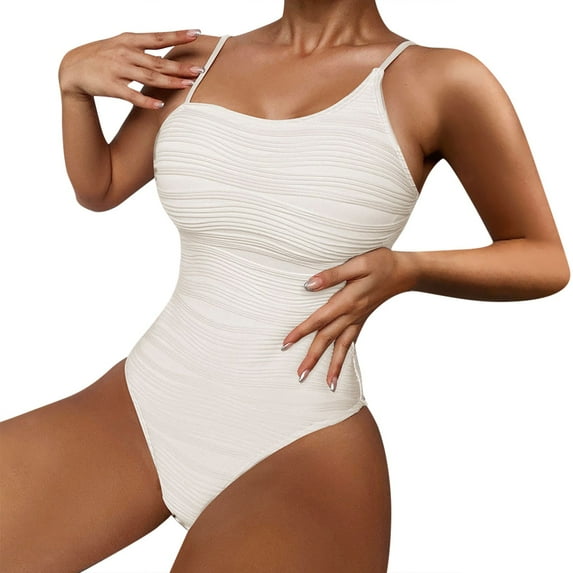 IDALL One Piece Swimsuit Women Bathing Suit Women's Solid Color Textured Belly Skinny Swimsuit Womens Swimsuits Swim Suits for Women Beige L(Clearance Sales)