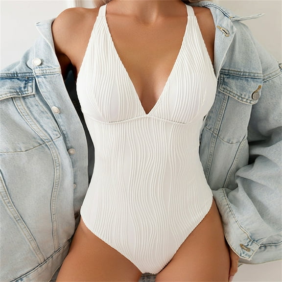 IDALL One Piece Swimsuit Women Swim Suits for Women 2025 Women's L Backless Water Ripple Fabric Solid Colour Deep V Swimming Costume Bathing Suit Womens Swimsuits White M