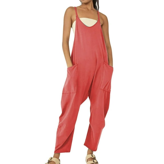 IDALL Overalls for Women Jumpsuits for Women Women Casual Sleeveless Jumpsuits V Neck Spaghetti Strap Overalls Long Pants Romper With Two Pockets Cargo Pants Baggy Pants Orange XL