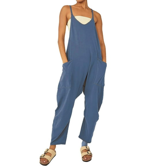 IDALL Overalls for Women Jumpsuits for Women Women Casual Sleeveless Jumpsuits V Neck Spaghetti Strap Overalls Long Pants Romper With Two Pockets Cargo Pants Baggy Pants Dark Blue M