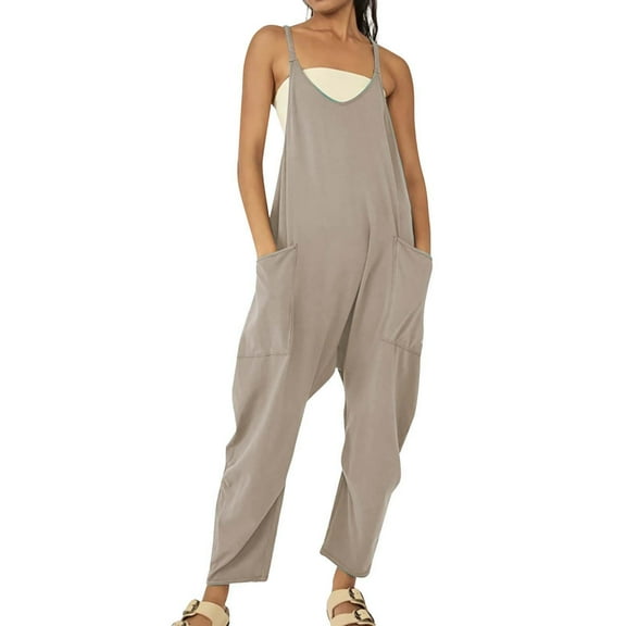 IDALL Overalls for Women Jumpsuits for Women Women Casual Sleeveless Jumpsuits V Neck Spaghetti Strap Overalls Long Pants Romper With Two Pockets Cargo Pants Baggy Pants Beige 5XL