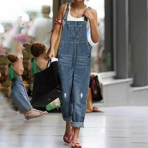IDALL Overalls for Women Wide Leg Jeans Woman Womens Overalls Denim Loose Fit Wide Leg Bib Stretch Baggy Jeans Jumpsuit Comfy Cargo Pants Women Rompers for Women Blue L