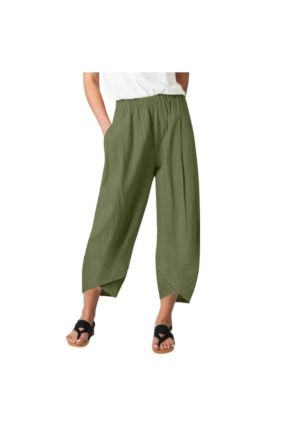 Petite Pants for Women Pants for Women Womens Daily Casual Eight Length Trousers Pockets Elastic Waist Solid Pants Women's Pants Flowy Shorts for Women Army Green L