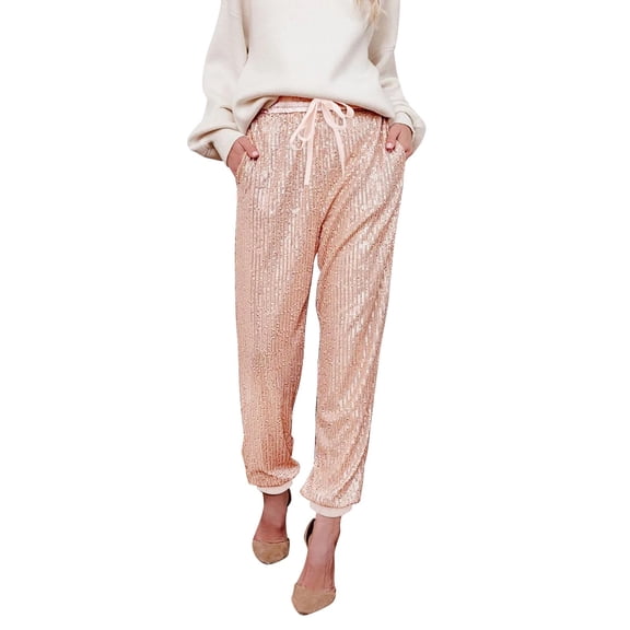 IDALL Petite Pants for Women Pants for Women Glitter Sequin Stretchy Club Shiny Jogging with Drawstring Women's Pants Womens Pants Pink L